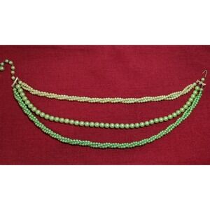 Vintage 3 Strand Green Faux Pearl Necklace‎